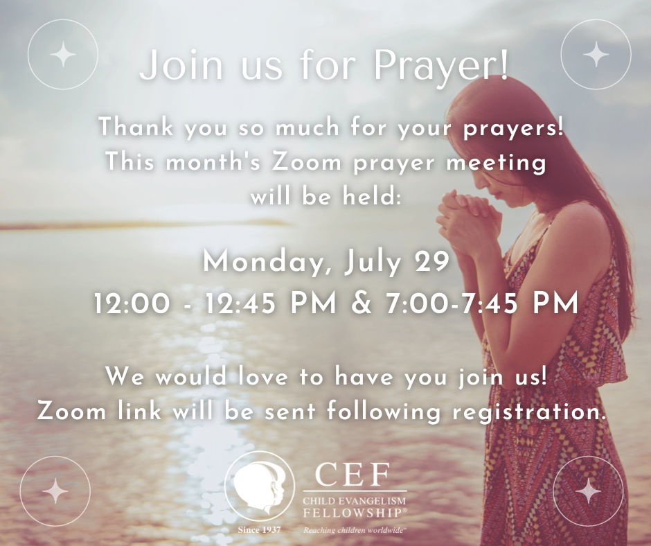 Photo of a woman praying in front of a body of water overlayed with July 29 prayer meeting information.